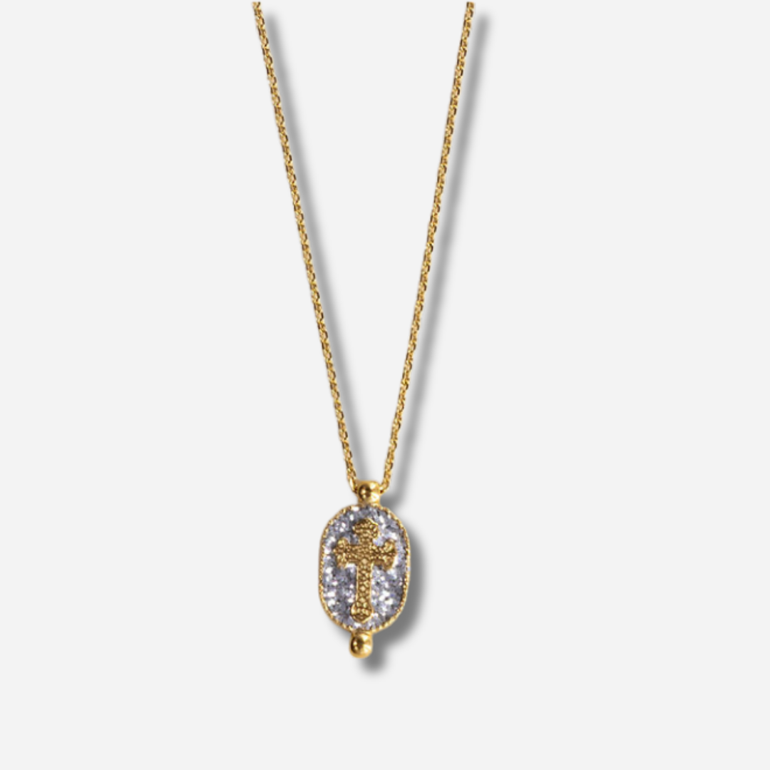 Collier Santa Giulia Croix Argent Amadrina Corse avec croix dorée et médaillon pailleté argent
