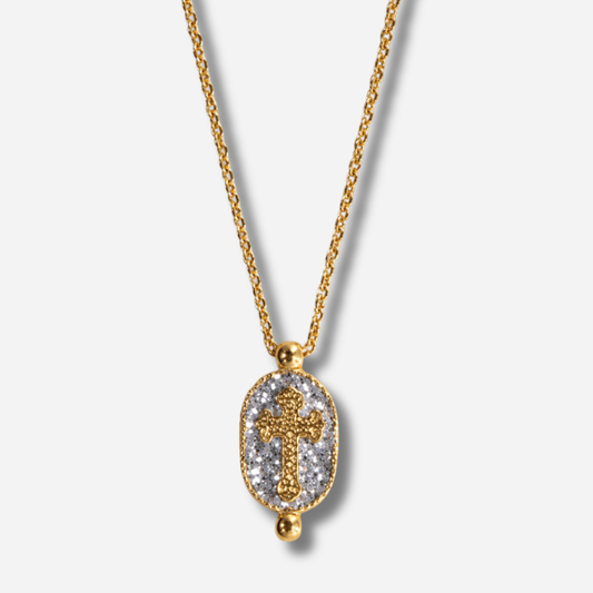 Collier Santa Giulia Croix Argent Amadrina Corse avec croix dorée et médaillon pailleté argent
