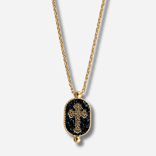 Collier Santa Giulia Croix Noir Amadrina Corse avec croix dorée et médaillon en paillettes noires
