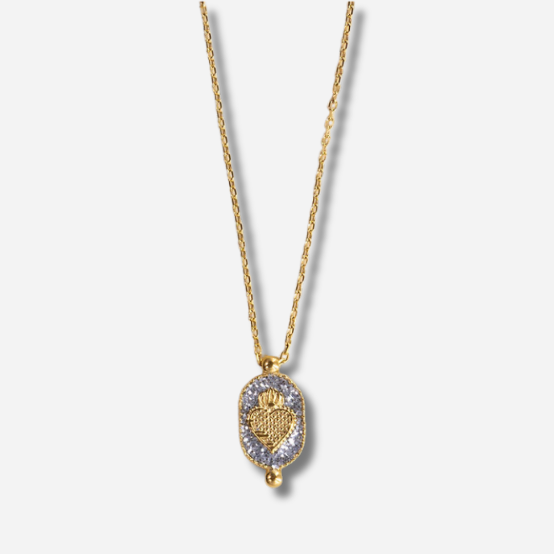 Collier Santa Giulia Ex-Voto Argent Amadrina Corse avec cœur sacré doré et médaillon pailleté argent

