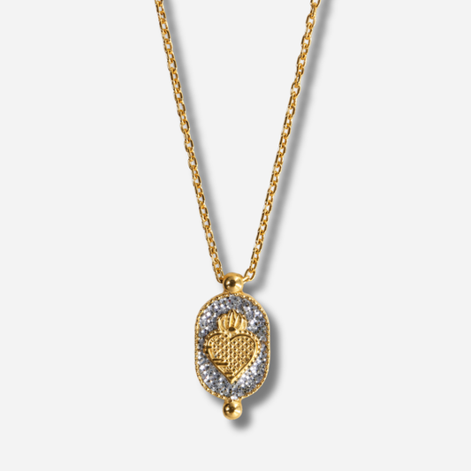 Collier Santa Giulia Ex-Voto Argent Amadrina Corse avec cœur sacré doré et médaillon pailleté argent
