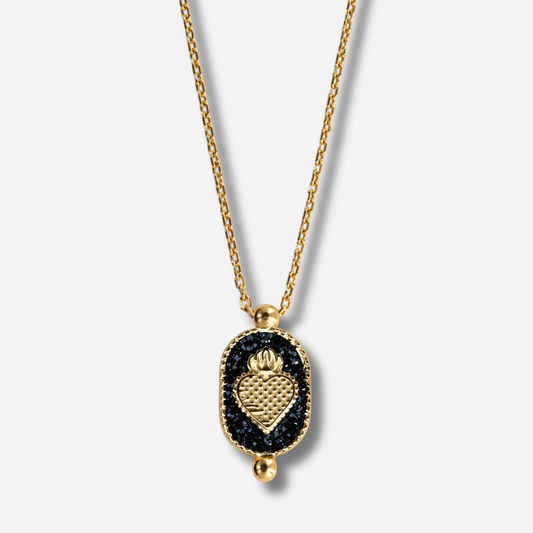 Collier Santa Giulia Ex-Voto Noir Amadrina Corse avec cœur sacré doré et paillettes noires
