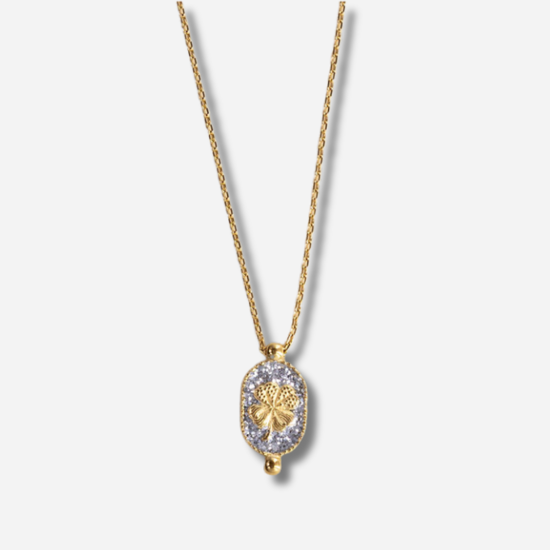 Collier Santa Giulia Trèfle Argent Amadrina Corse avec trèfle doré et médaillon pailleté argent
