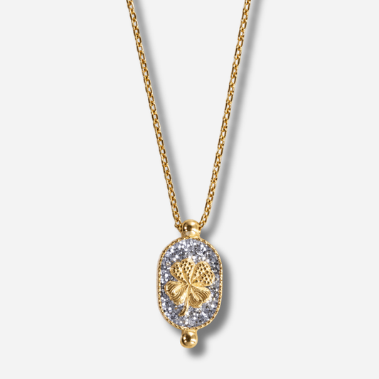 Collier Santa Giulia Trèfle Argent Amadrina Corse avec trèfle doré et médaillon pailleté argent
