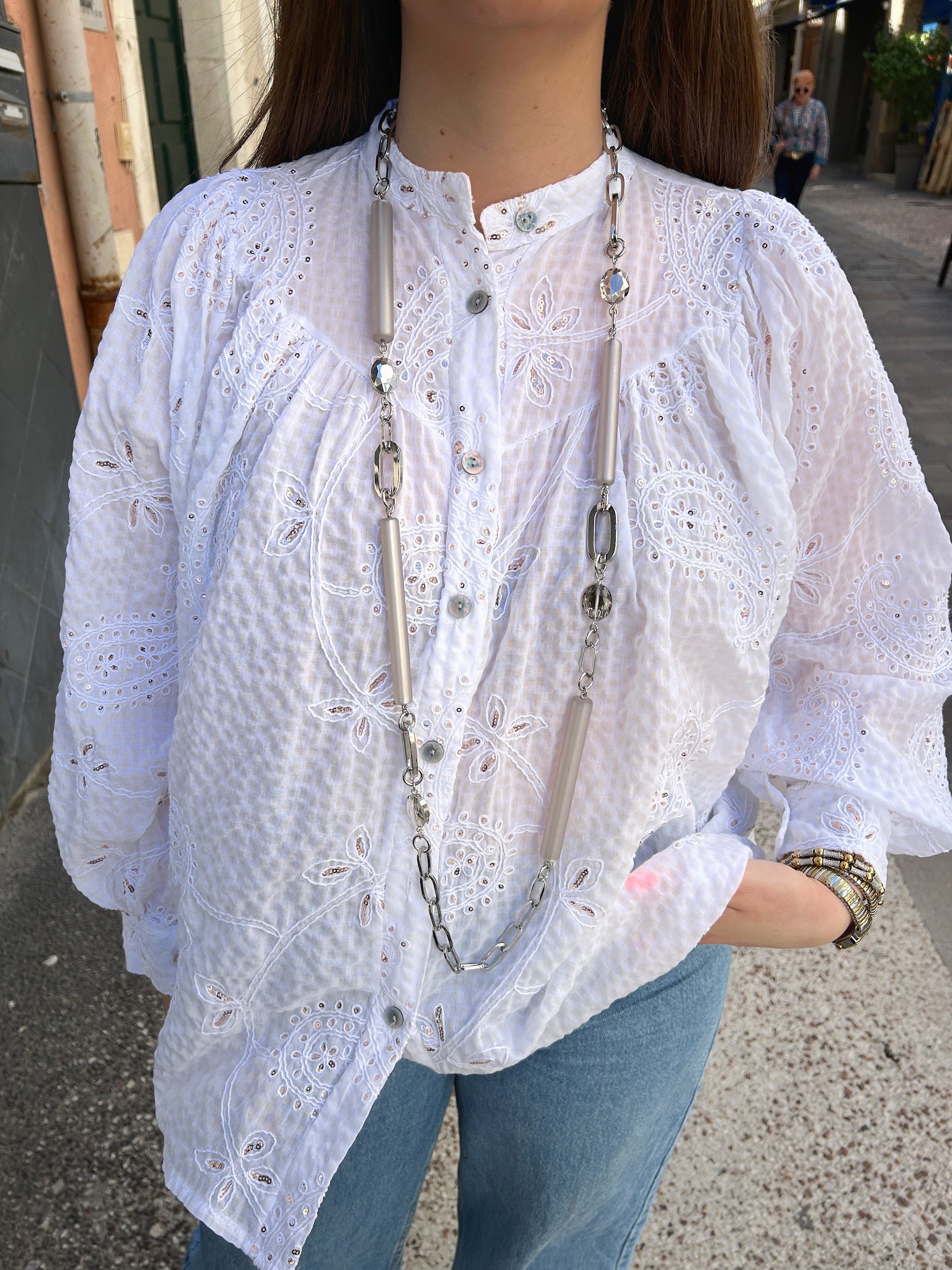 Collier sautoir argent chaîne et perles Francine Bramli Paris collier long femme