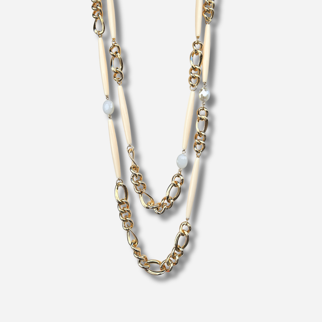 Collier sautoir double écru chaîne dorée Francine Bramli Paris collier long femme