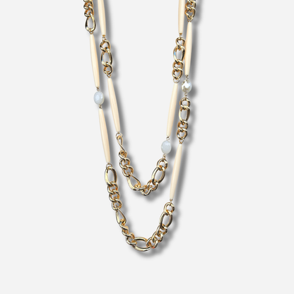 Collier sautoir double écru chaîne dorée Francine Bramli Paris collier long femme