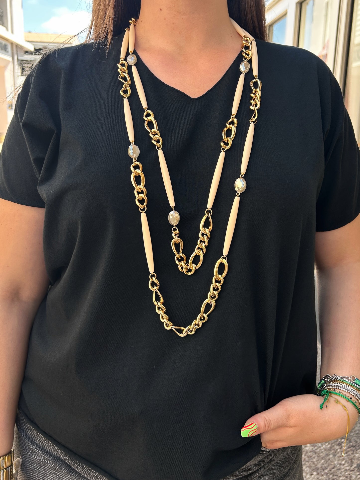 Collier sautoir double écru chaîne dorée Francine Bramli Paris collier long femme