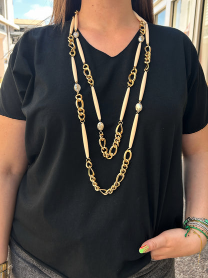 Collier sautoir double écru chaîne dorée Francine Bramli Paris collier long femme
