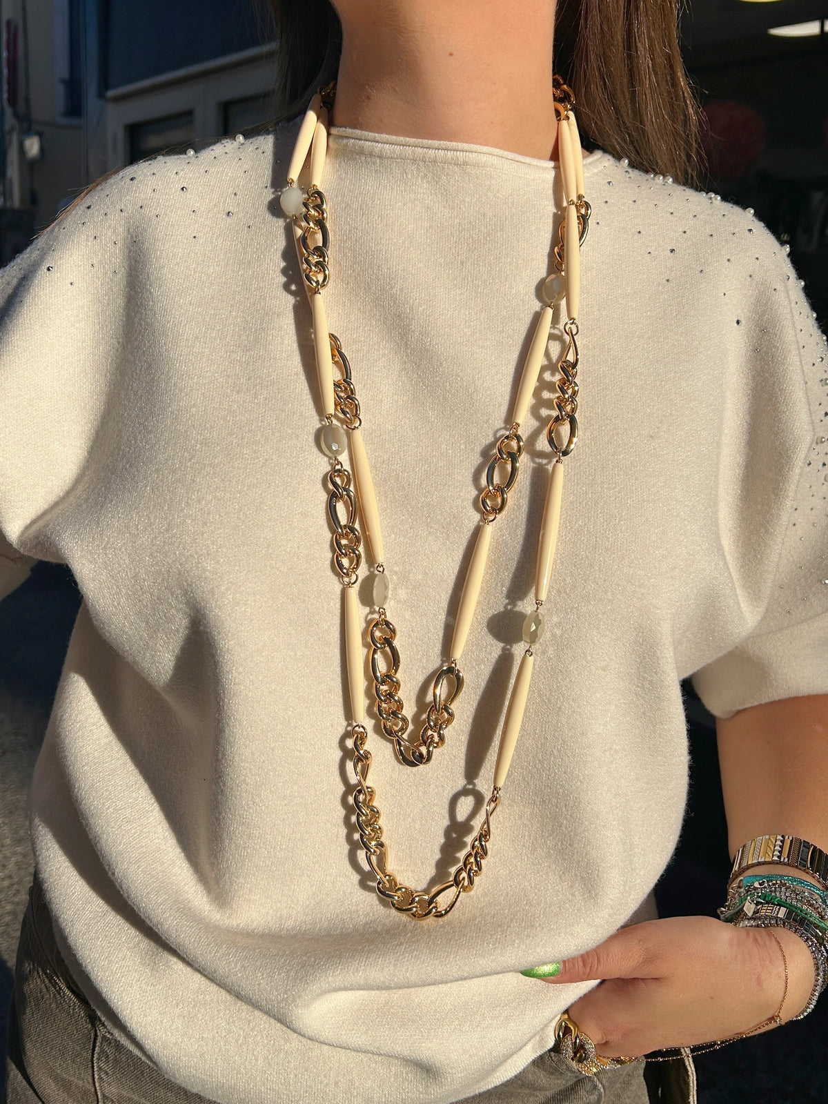 Collier sautoir double écru chaîne dorée Francine Bramli Paris collier long femme