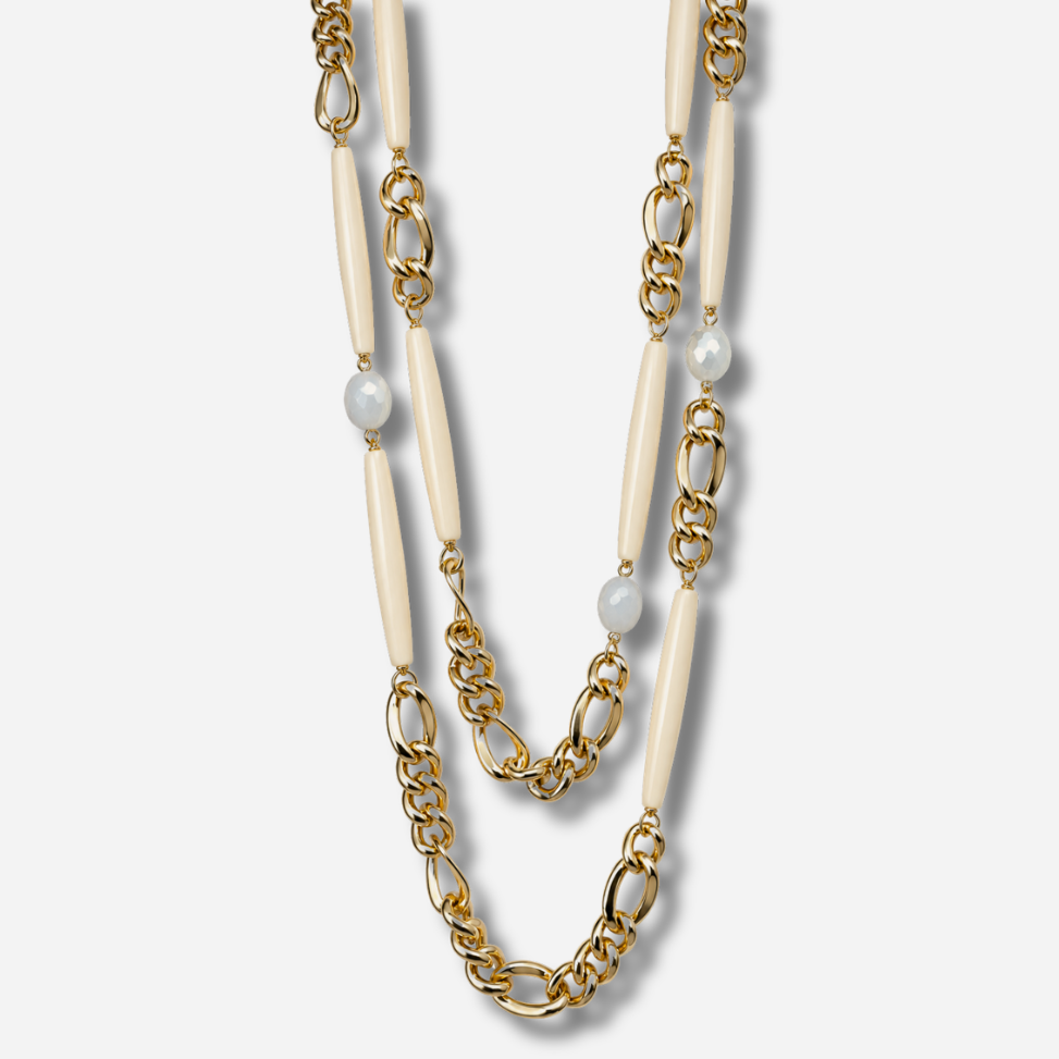 Collier sautoir double écru chaîne dorée Francine Bramli Paris collier long femme