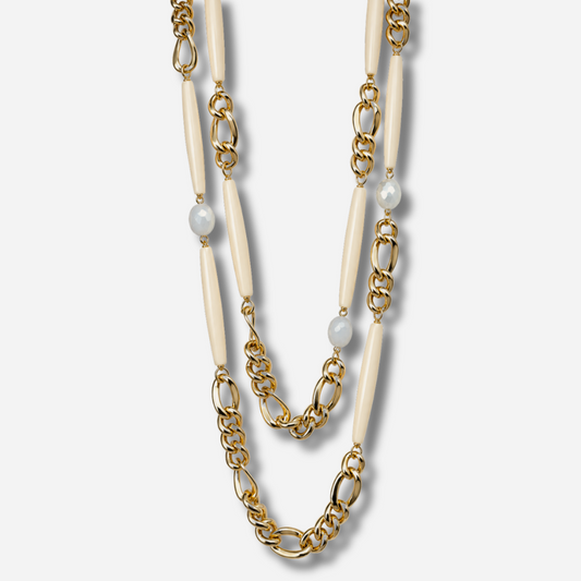 Collier sautoir double écru chaîne dorée Francine Bramli Paris collier long femme