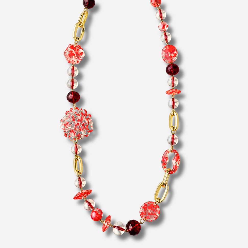Collier sautoir Gold et Rouge Francine Bramli Paris avec maillons dorés et perles rouges