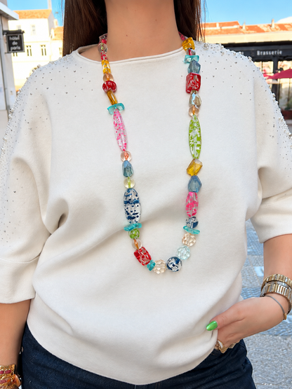 Collier Sautoir Multi Pop Francine Bramli Paris avec perles multicolores graphiques et translucides