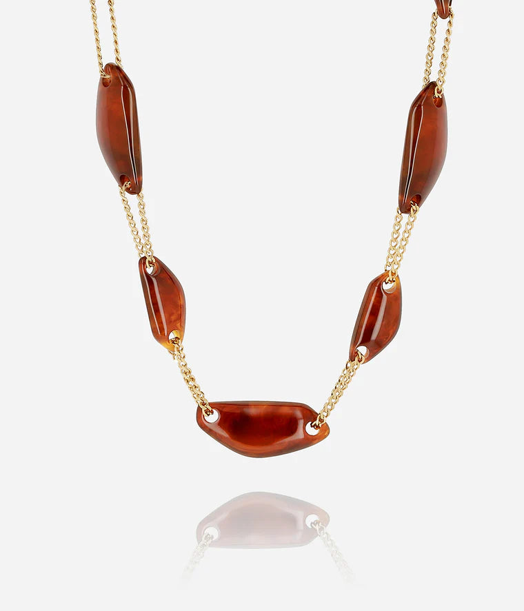 Collier Sezze Zag en résine effet écaille marron avec chaînes dorées