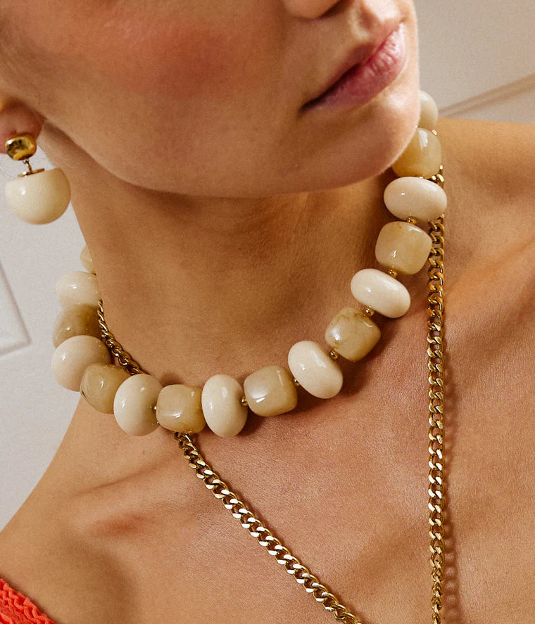 Collier Tonnara ZAG acier doré perles ivoire chunky bijou femme tendance Divinity Sète