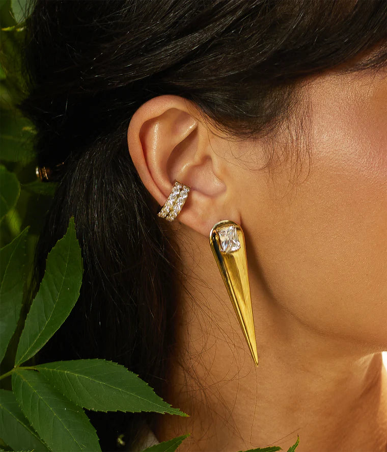 Ear Cuff Brizzi ZAG en acier inoxydable doré ou argenté avec double rang de zirconiums