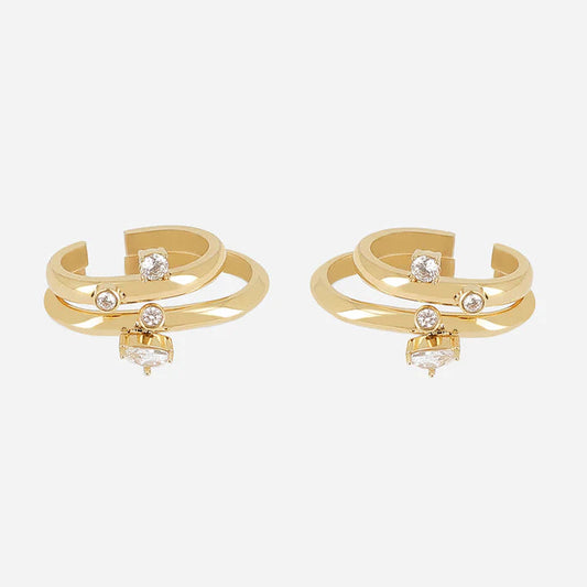 Ear Cuff Campi ZAG vendu par paire en acier inoxydable doré avec triples anneaux et cristaux