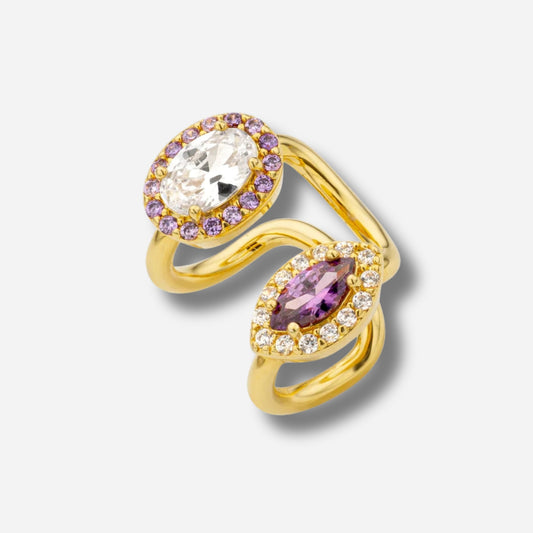Earcuff Purple Yamato Mya Bay doré double motif serti cristaux violet et blanc