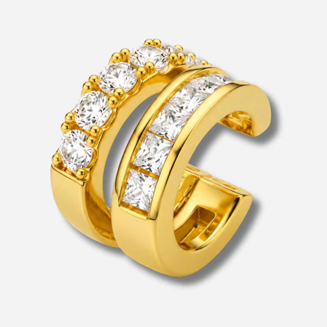 Earcuff Thames Gold MYA BAY doré avec deux rangées de cristaux blancs ronds et rectangulaires, disponible chez Divinity Sète.