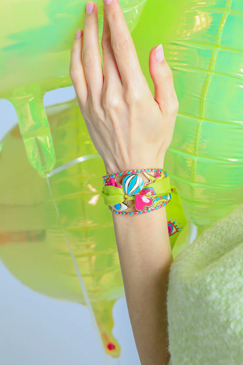 Bracelet manchette multicolore vif doree avec foulard soie femme