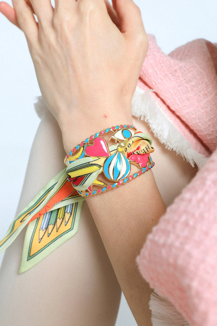 Bracelet manchette multicolore vif doree avec foulard soie femme