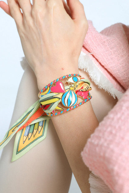 Bracelet manchette multicolore vif doree avec foulard soie femme