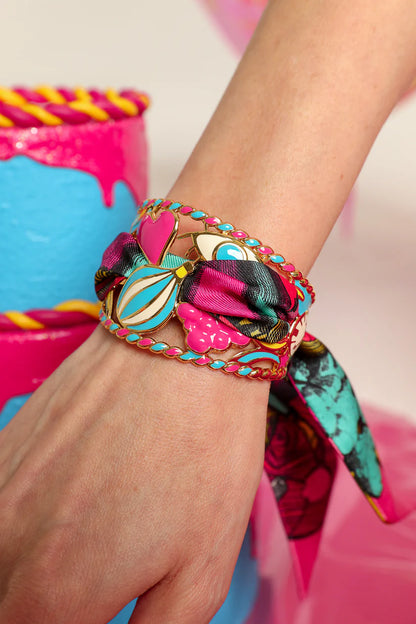Bracelet manchette multicolore vif doree avec foulard soie femme