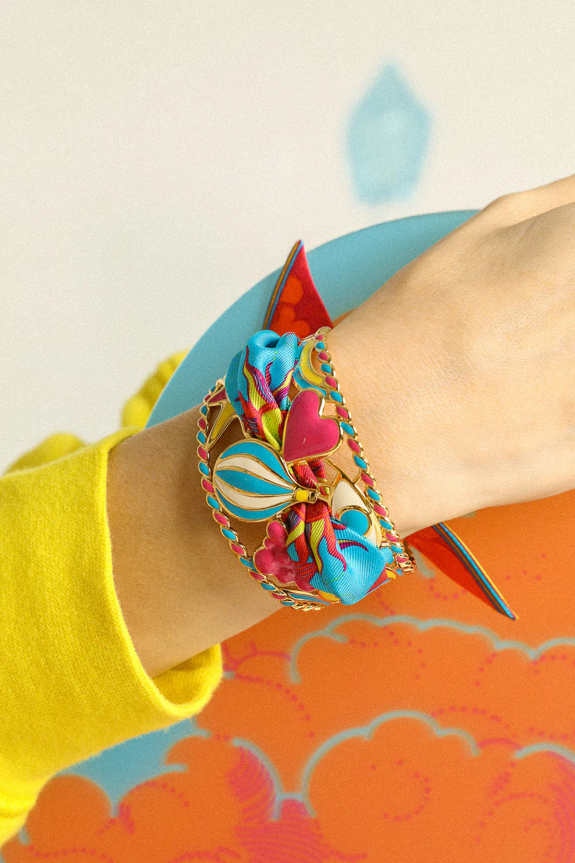 Bracelet manchette multicolore vif doree avec foulard soie femme