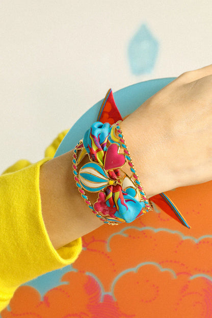 Bracelet manchette multicolore vif doree avec foulard soie femme