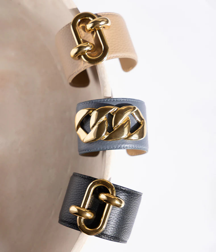 Manchette Cappadoce cuir fermoir maillon doré bracelet large femme tendance Divinity Sète