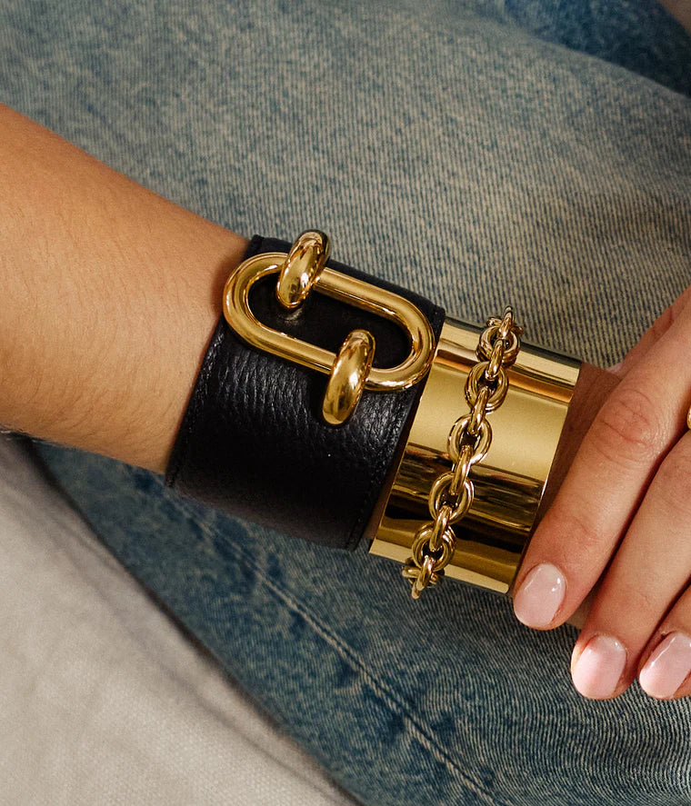 Manchette Cappadoce cuir fermoir maillon doré bracelet large femme tendance Divinity Sète