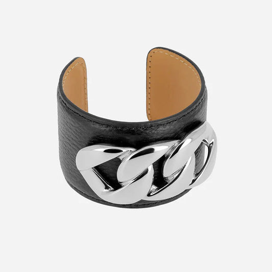 Manchette Delhi cuir chaîne XXL bracelet large femme tendance Divinity Sète