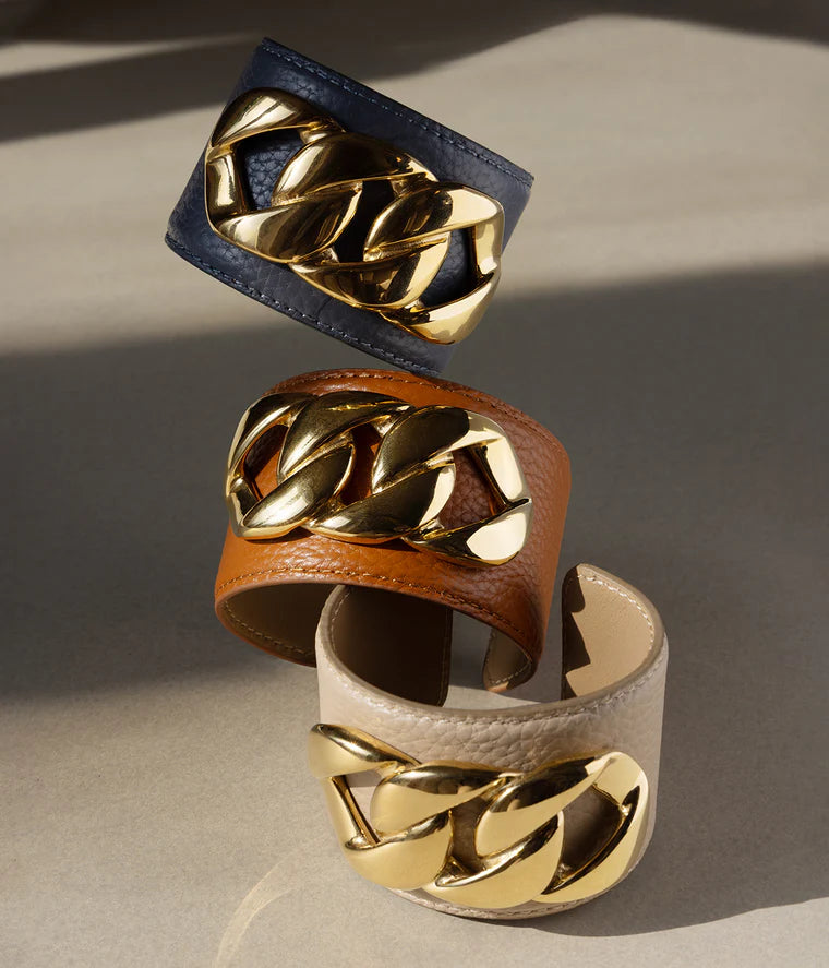 Manchette Delhi cuir chaîne XXL bracelet large femme tendance Divinity Sète