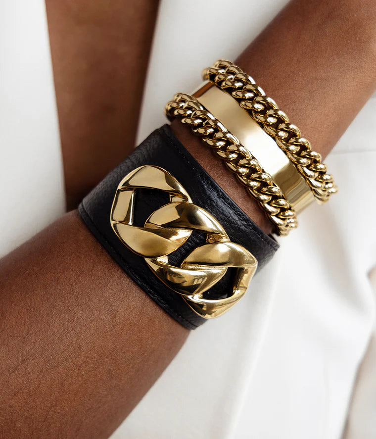 Manchette Delhi cuir chaîne XXL bracelet large femme tendance Divinity Sète