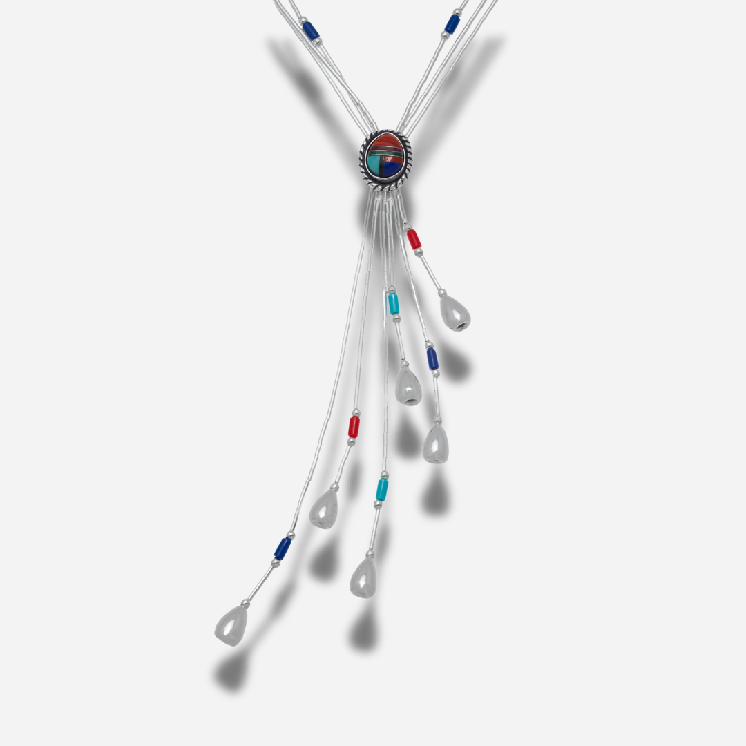 Collier N332 Y Multipierres Harpo en argent massif avec pendentif mosaïque de pierres colorées et pampilles argentées fabriqué à la main aux États-Unis.