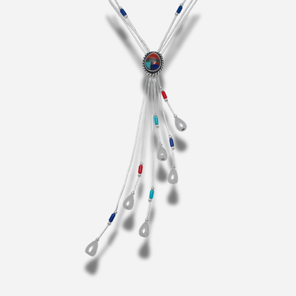 Collier N332 Y Multipierres Harpo en argent massif avec pendentif mosaïque de pierres colorées et pampilles argentées fabriqué à la main aux États-Unis.