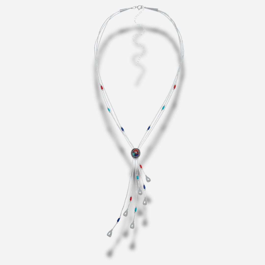 Collier N332 Y Multipierres Harpo en argent massif avec pendentif mosaïque de pierres colorées et pampilles argentées fabriqué à la main aux États-Unis.