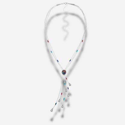 Collier N332 Y Multipierres Harpo en argent massif avec pendentif mosaïque de pierres colorées et pampilles argentées fabriqué à la main aux États-Unis.