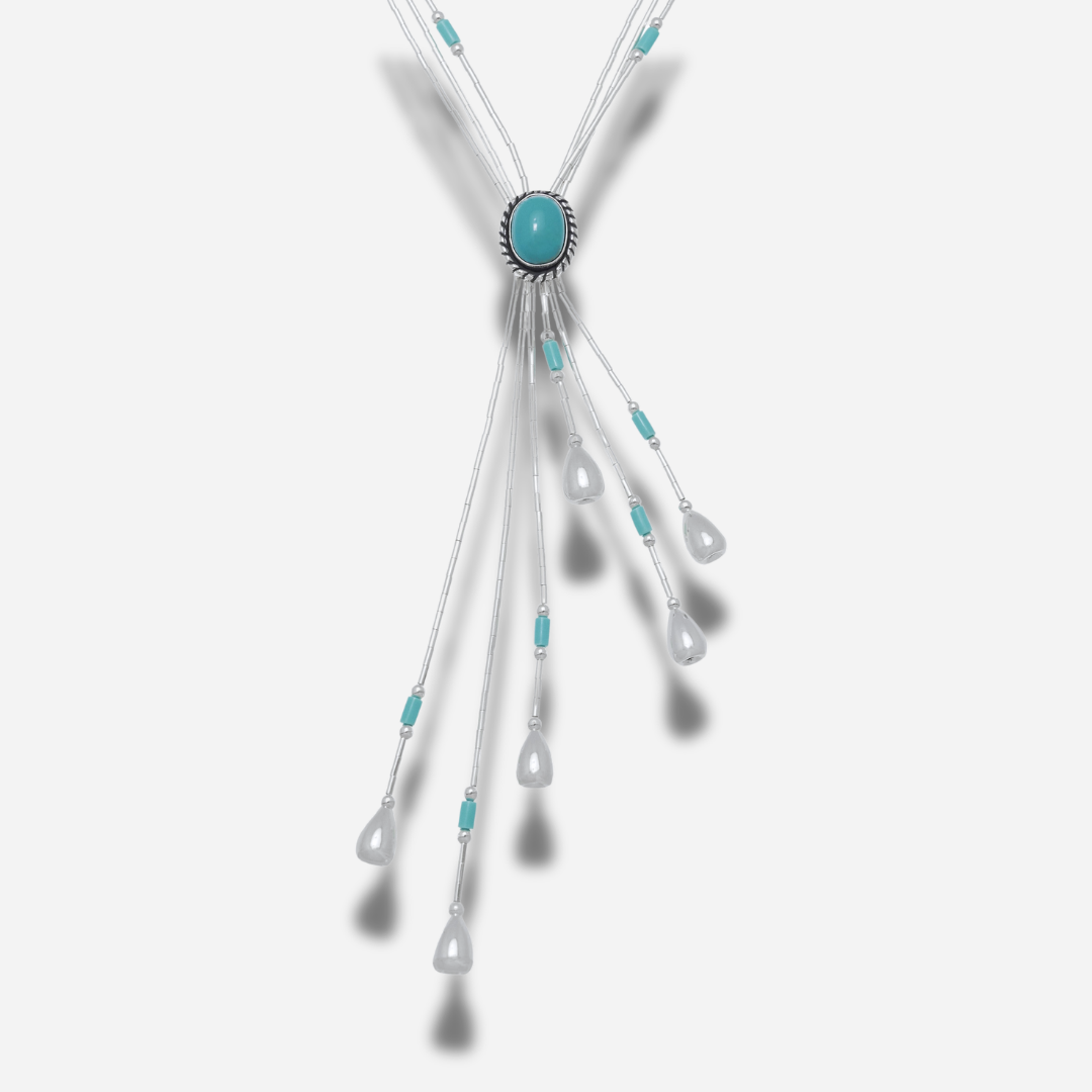 Collier N332 Y Turquoise Harpo en argent massif avec pierre de turquoise sertie et pampilles argentées fabriqué artisanalement aux États-Unis.