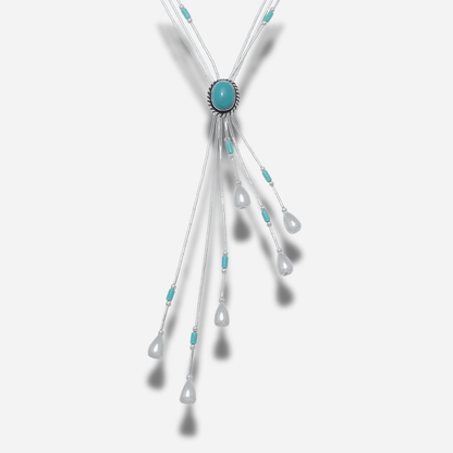 Collier N332 Y Turquoise Harpo en argent massif avec pierre de turquoise sertie et pampilles argentées fabriqué artisanalement aux États-Unis.
