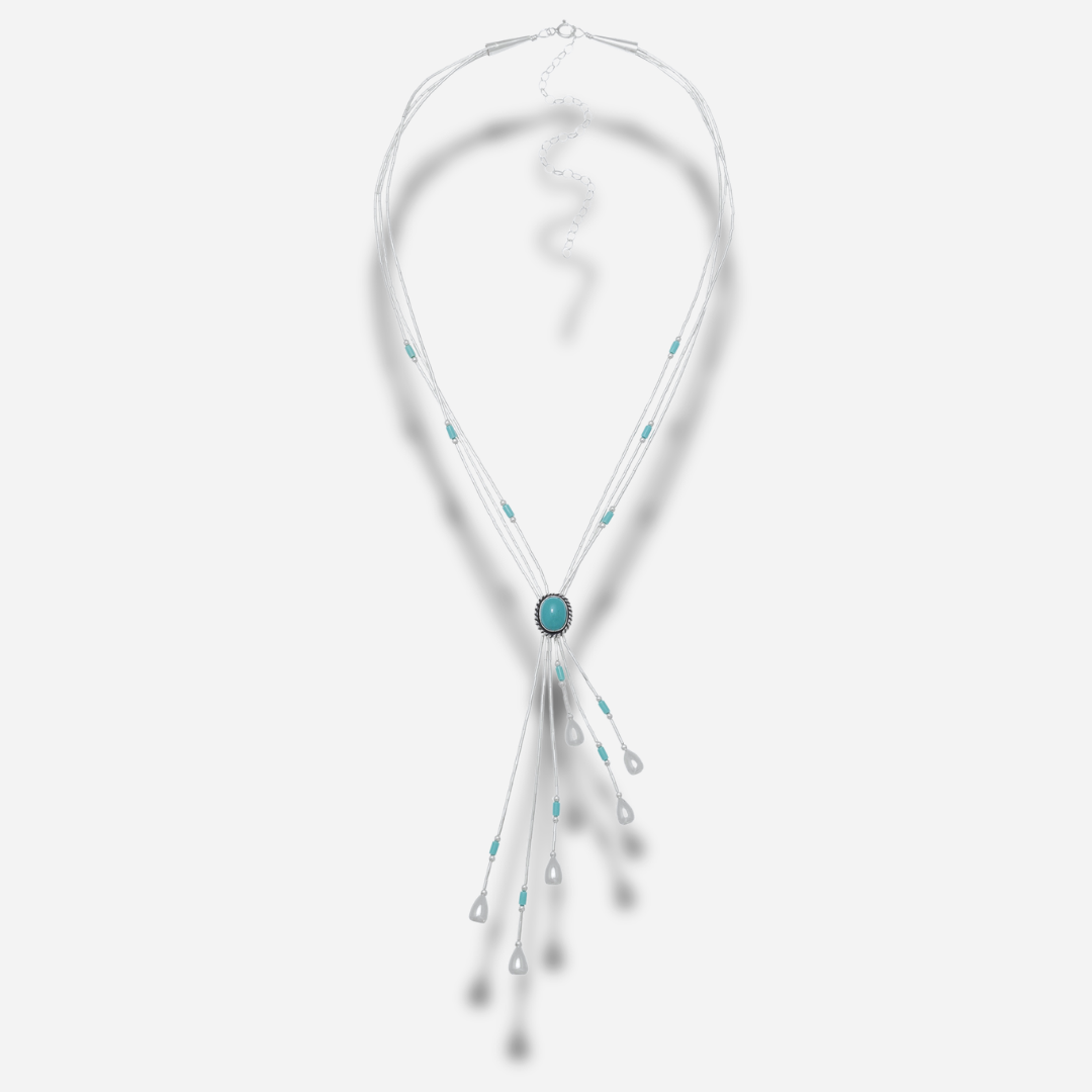 Collier N332 Y Turquoise Harpo en argent massif avec pierre de turquoise sertie et pampilles argentées fabriqué artisanalement aux États-Unis.