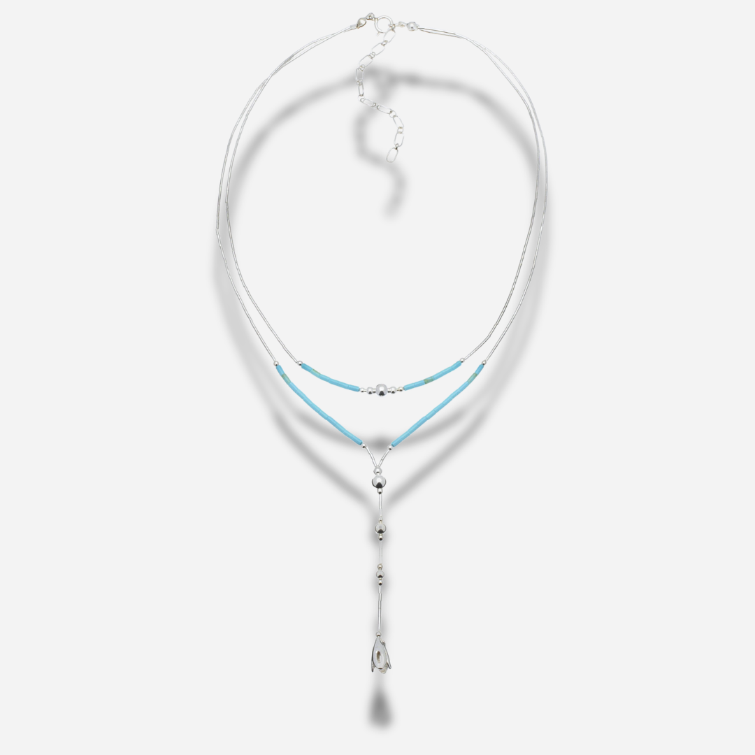 Collier N599 Double Turquoise Harpo en argent massif avec double rang, perles de turquoise et pendentif bouton de fleur fabriqué artisanalement aux États-Unis.