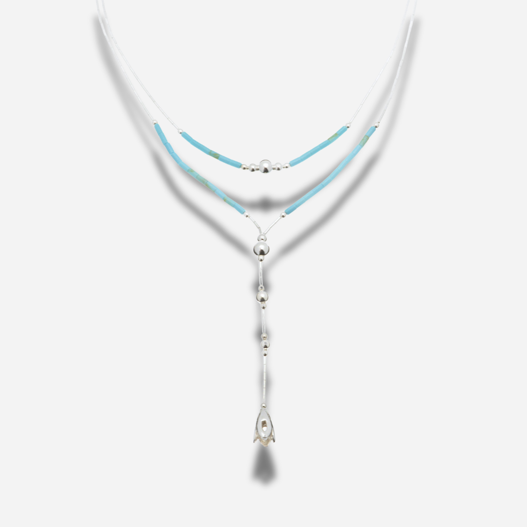 Collier N599 Double Turquoise Harpo en argent massif avec double rang, perles de turquoise et pendentif bouton de fleur fabriqué artisanalement aux États-Unis.