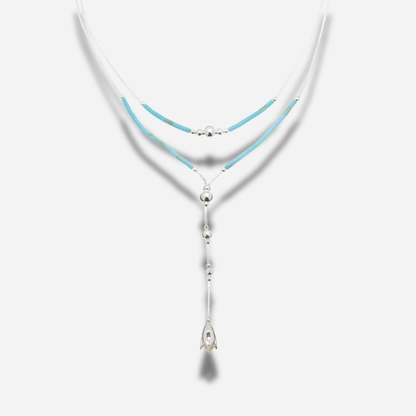 Collier N599 Double Turquoise Harpo en argent massif avec double rang, perles de turquoise et pendentif bouton de fleur fabriqué artisanalement aux États-Unis.