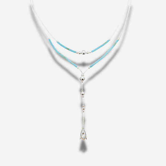 Collier N599 Double Turquoise Harpo en argent massif avec double rang, perles de turquoise et pendentif bouton de fleur fabriqué artisanalement aux États-Unis.