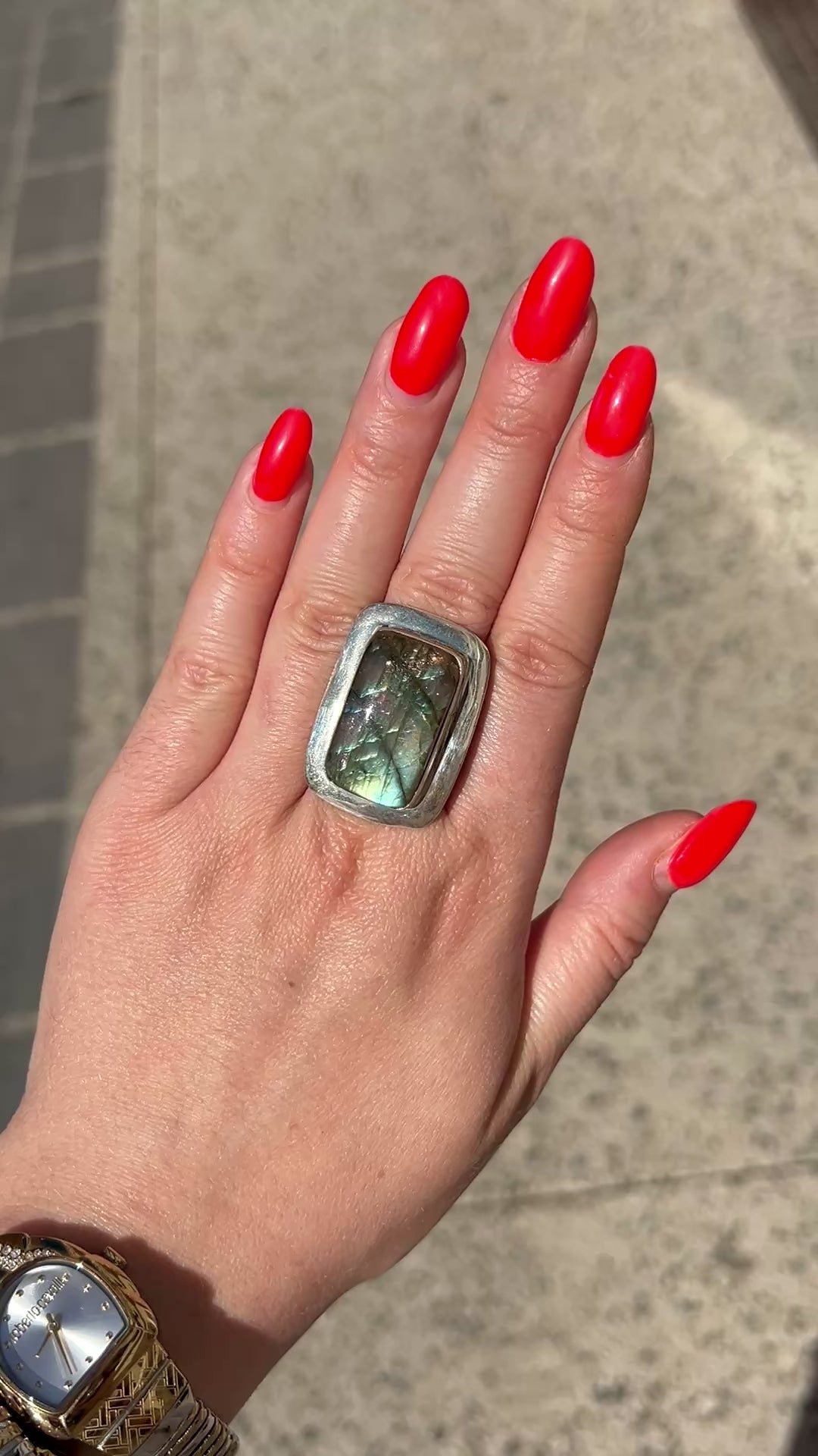 Bague pierre naturelle labradorite rectangle lumineuse