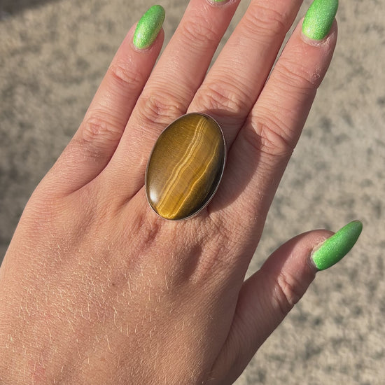 Bague Œil de Tigre Ovale M réglable en argent 925 avec pierre naturelle
