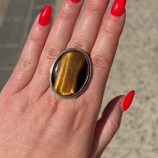 Grande bague œil de tigre brillante argent 925