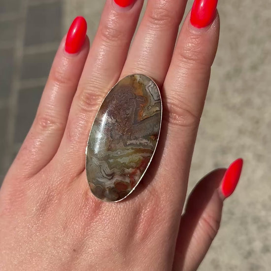 Bague grande pierre ovale agate crazy lace argent